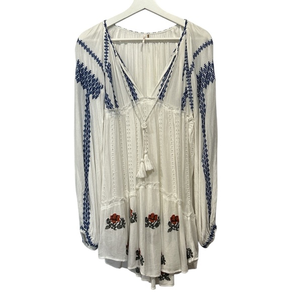 Free People Wild Horses Boho Embroidered White Blue  Mini Dress  XS - Picture 2 of 15